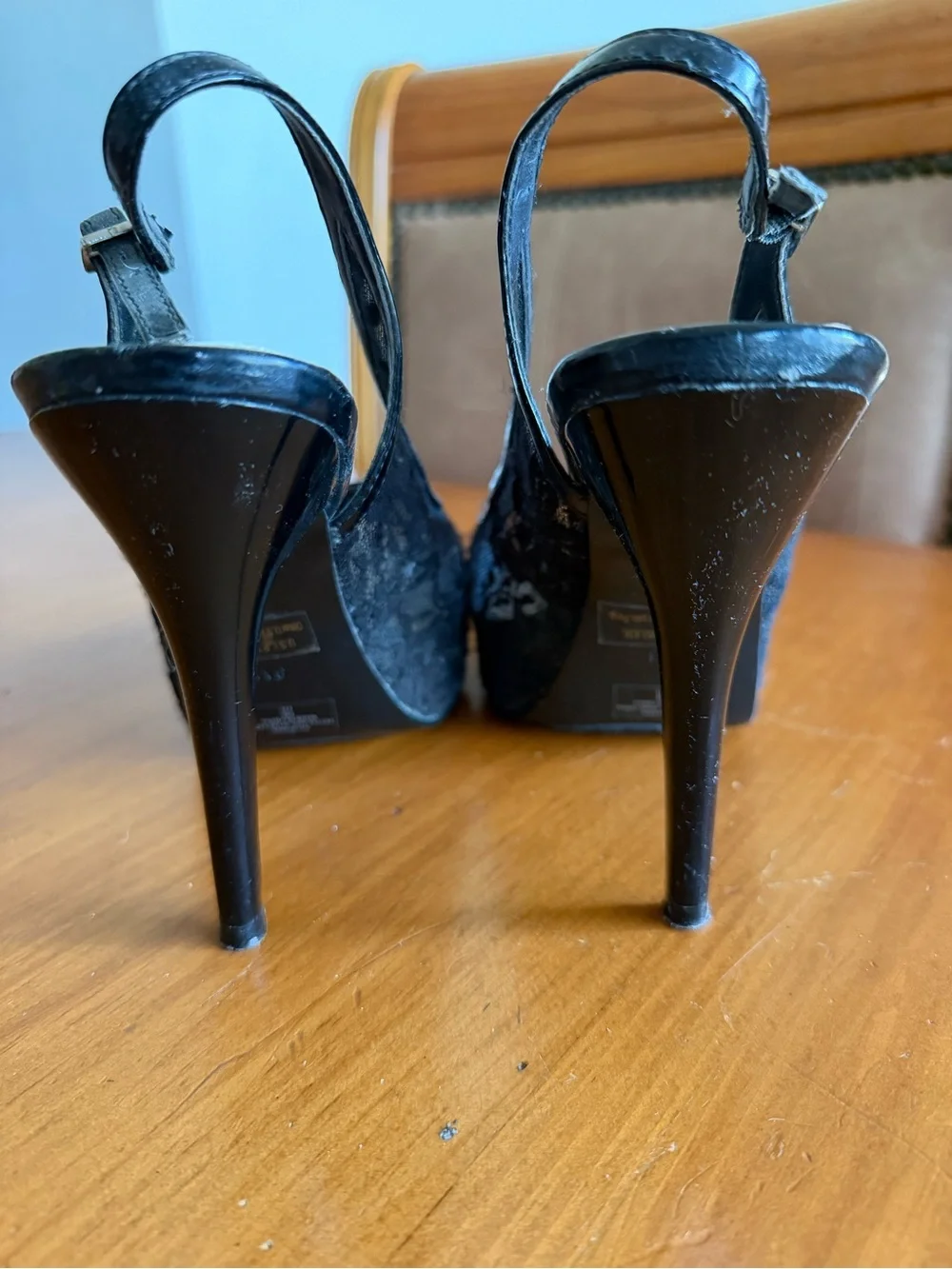 GUESS Black Lace Peep-Toe Slingback Stiletto Heels